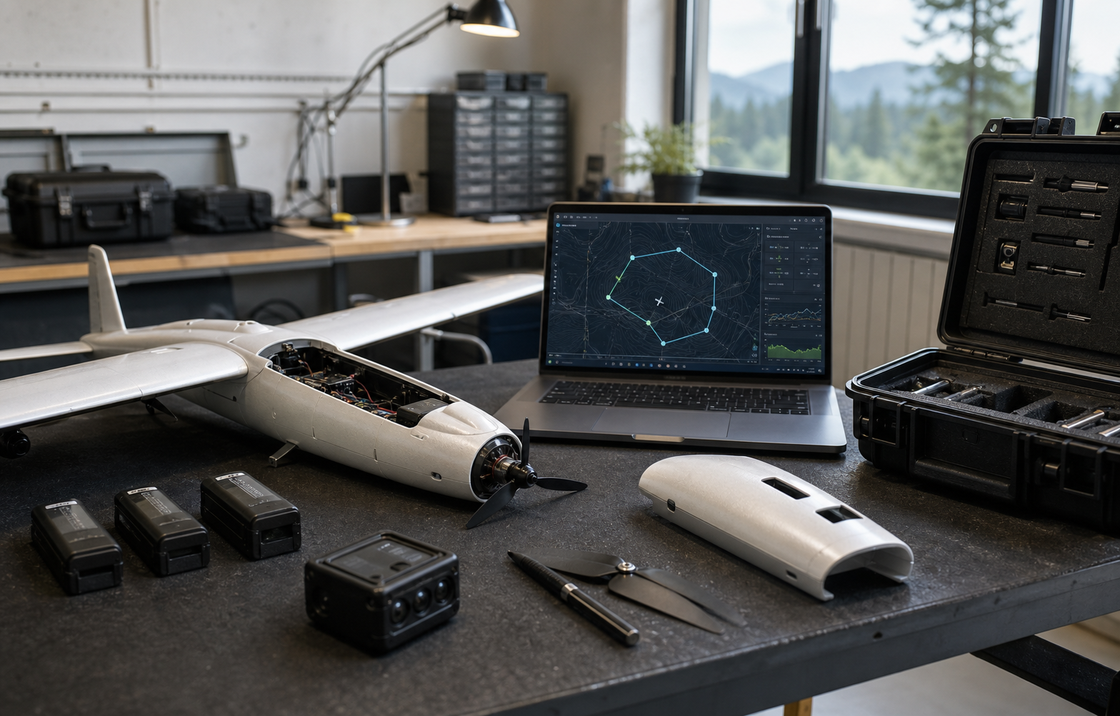 Field command setup with autonomous aircraft, rugged tablet, cases, and batteries.