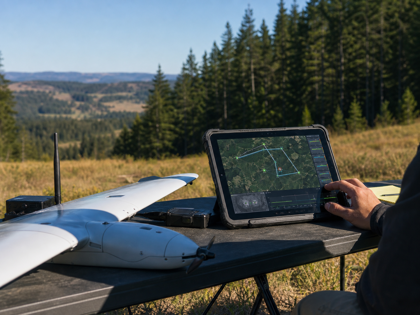 Field operations table with autonomous aircraft hardware and a rugged tablet showing mission route planning.