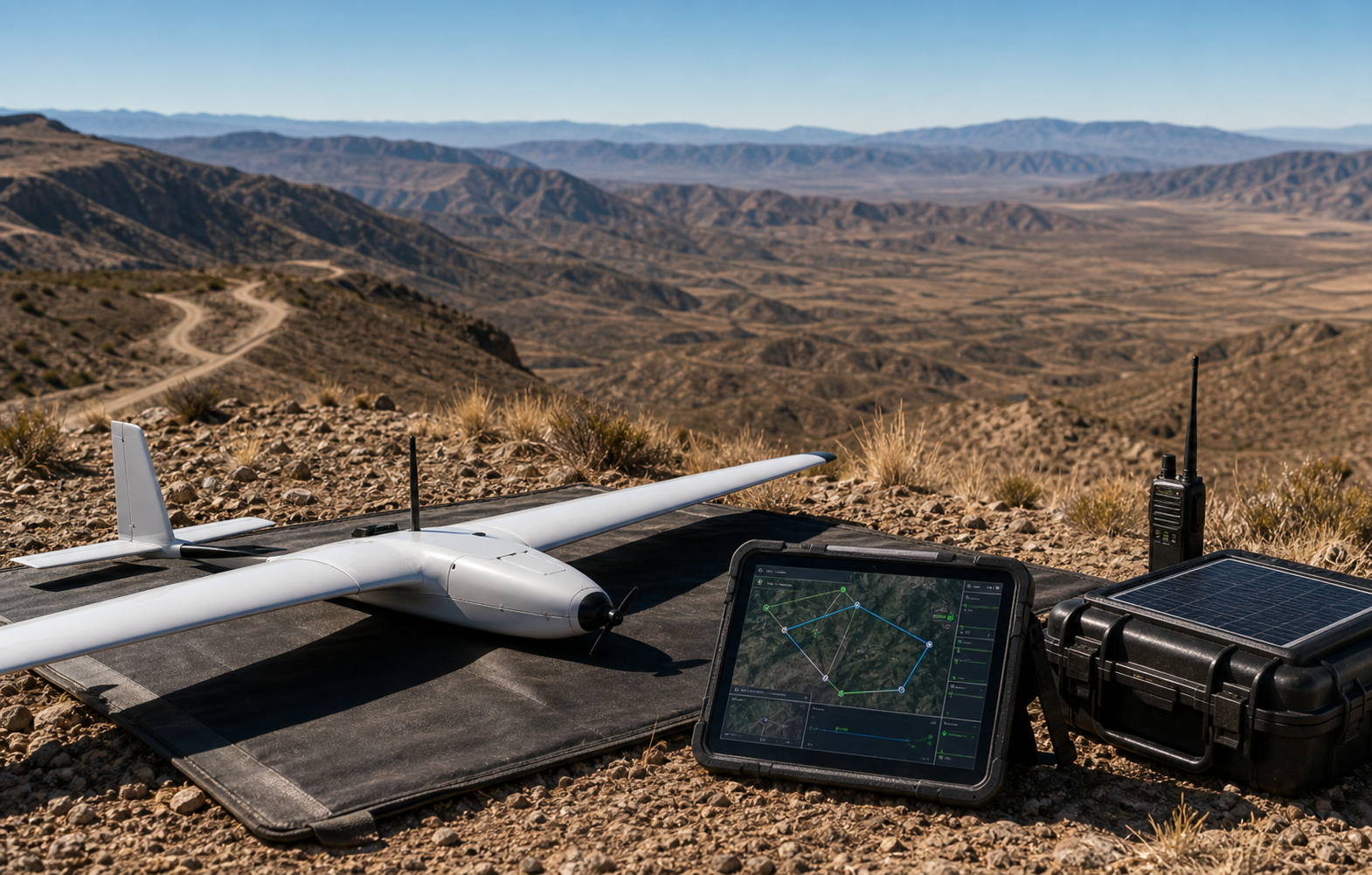 Horus field command kit with rugged tablet, batteries, cases, and autonomous aircraft hardware.