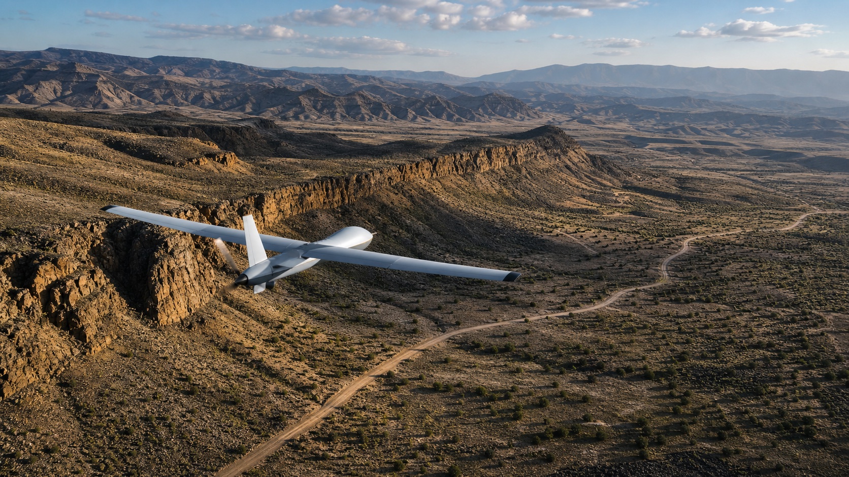 Autonomous aircraft operating over remote terrain.