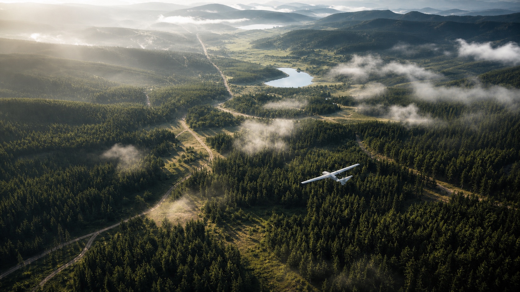 Autonomous Horus aircraft surveying forest terrain at sunrise.