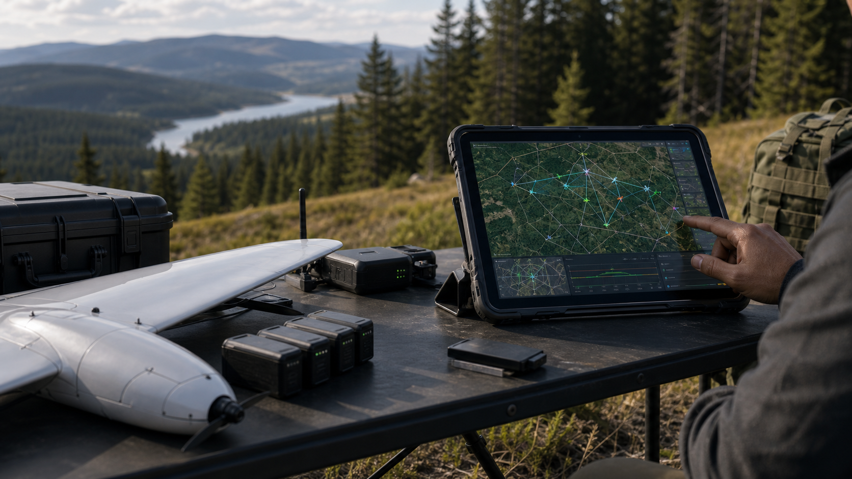 Field command station with map interface showing coordinated aircraft coverage.