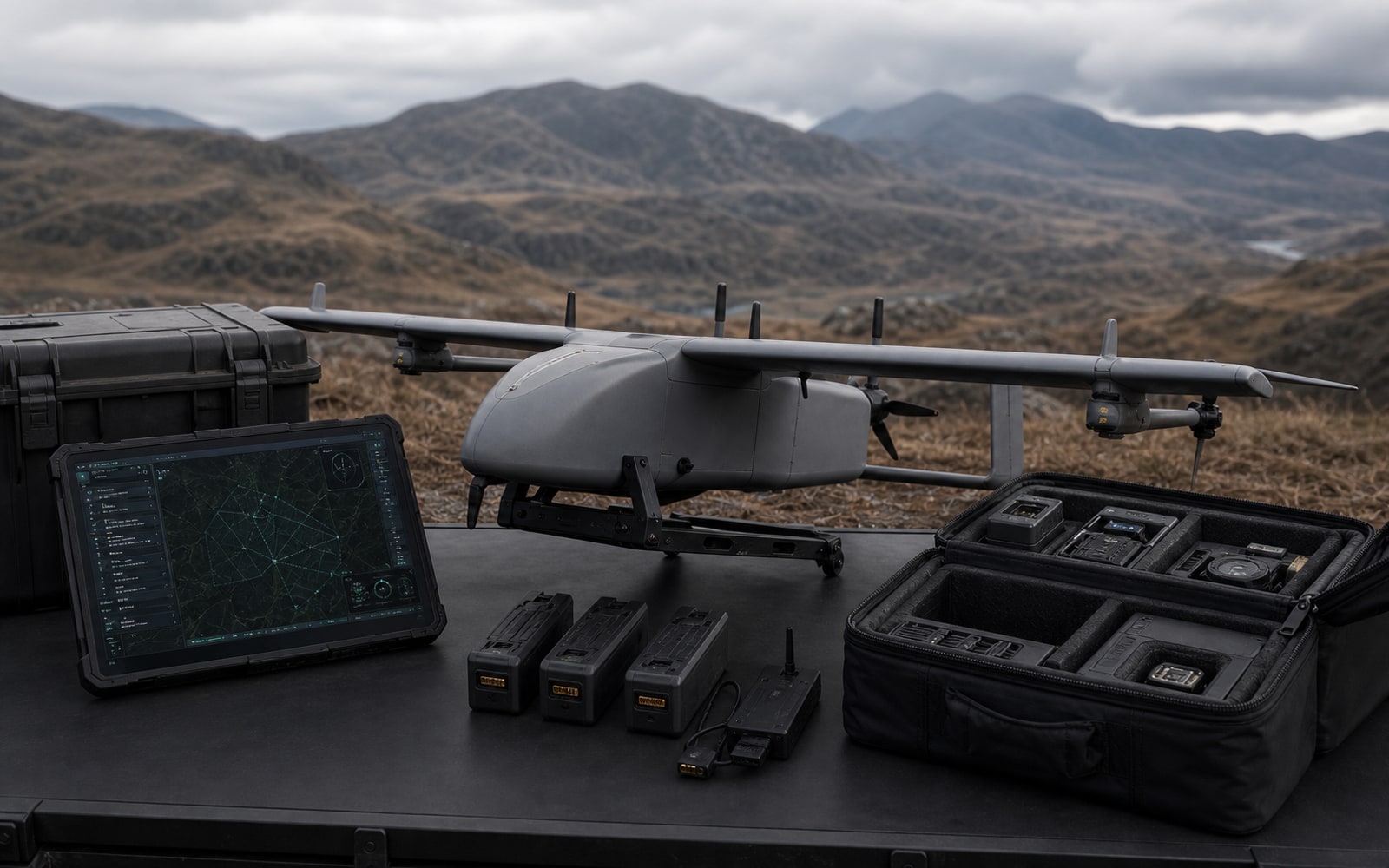 Horus field command kit with autonomous aircraft hardware and rugged operator tools.